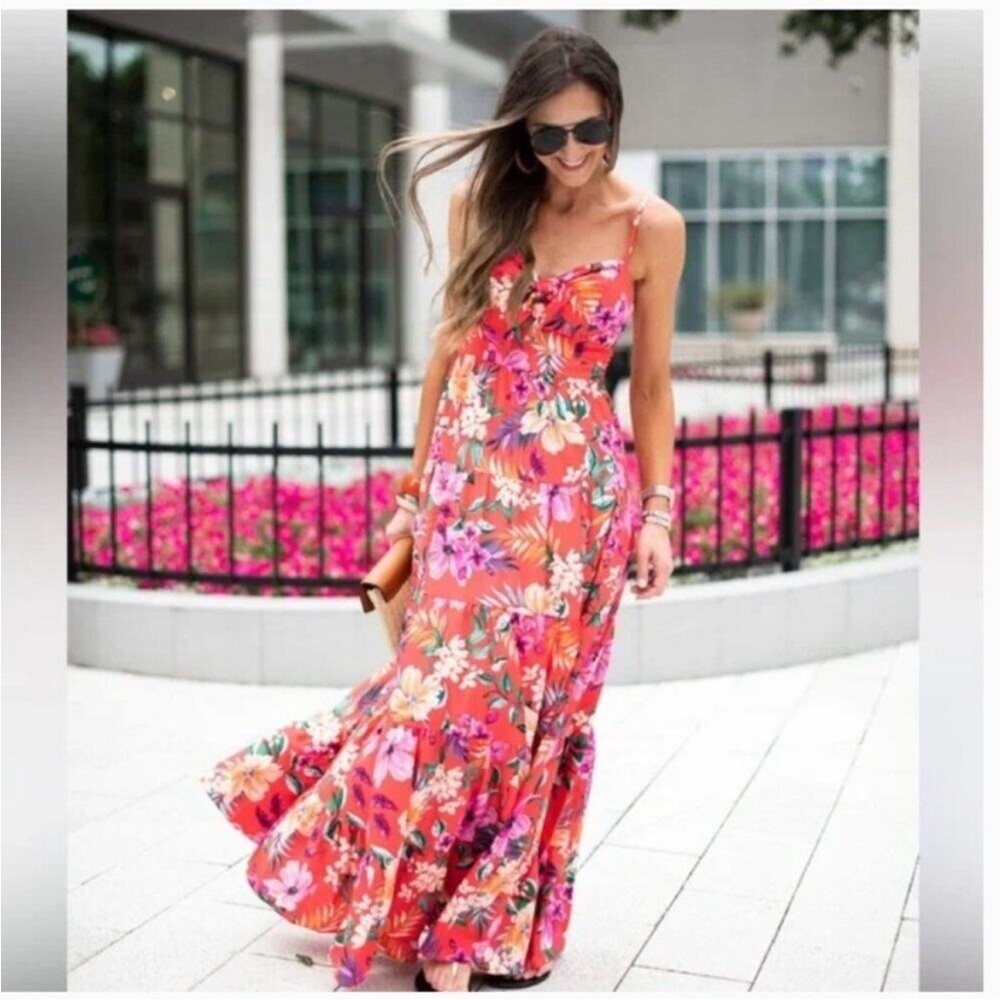 Eliza J Scarlet Smocked Tiered Hawaiian Print Maxi Dress Size 8 boho tropical